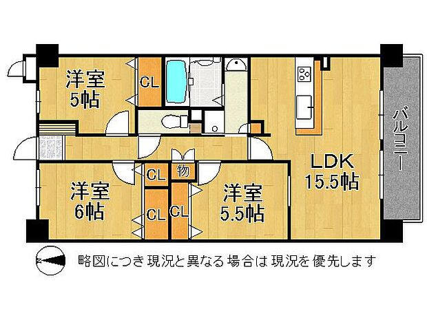 ライオンズマンション香櫨園　中古マンション(3LDK) 3階の間取り図
