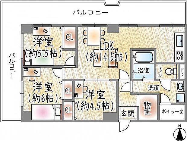 シャトー西宮(3LDK) 3階の間取り図
