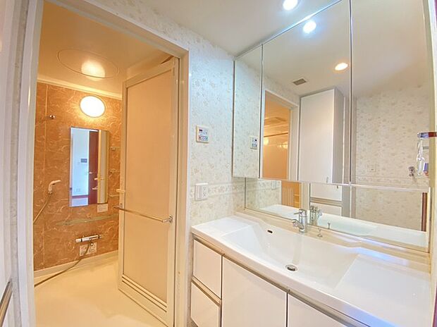 〜大きな鏡を採用した洗面台〜 ・洗面台は一面の大型鏡を採用する事でホテルライクな仕様に。大型の鏡で朝の準備などもはかどりますね。 ・洗面台下のパイプスペースは収納としてご利用可能です。 