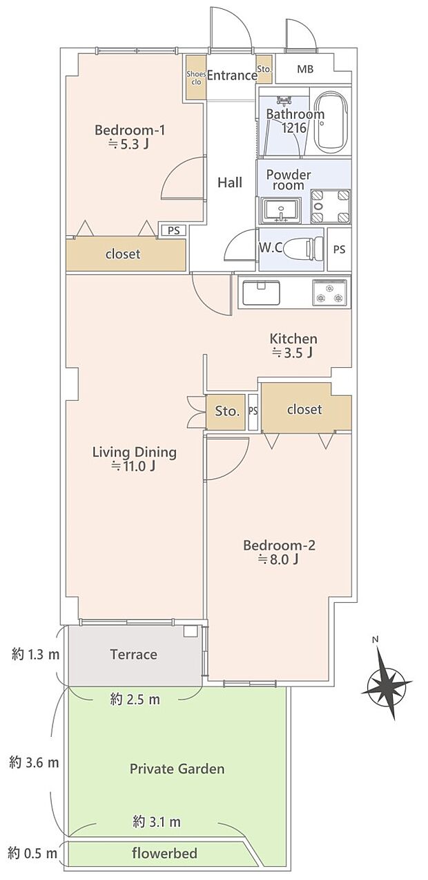 サンハイツ哲学堂(2LDK) 1階の間取り図