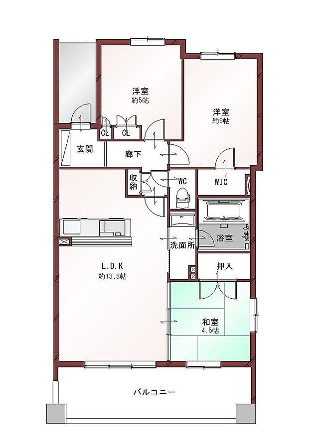 【間取り】3LDK、各居室に収納付きの使い勝手の良いお部屋です♪リビング横には和室があるので、客間として使っても、ご家族のくつろぎスペースとして使っても良いですね◎