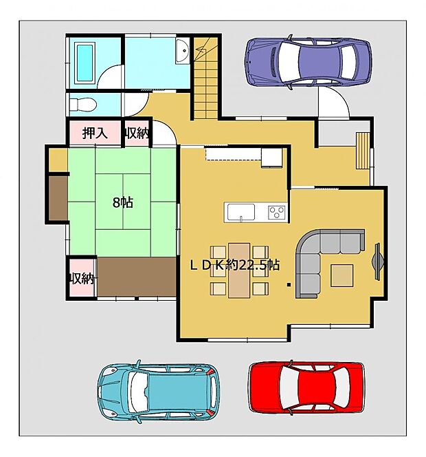 【区画図】駐車スペースは3台分確保（車種によります）。複数台お車を所有されている方にもおすすめです。
