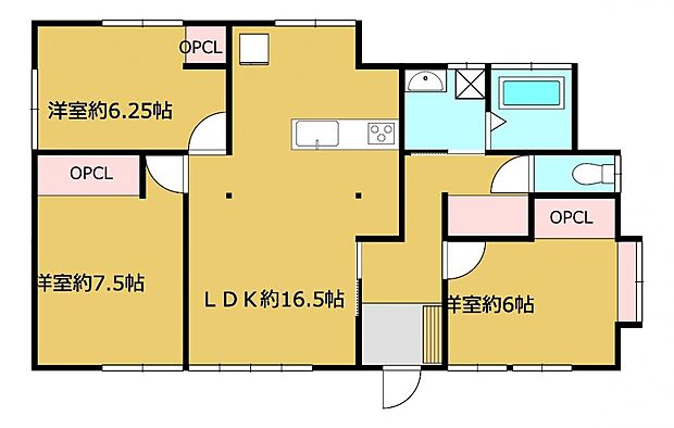 【リフォーム完成済み】平屋の間取りは3LDKです。16.5帖LDKと3部屋洋室があります。