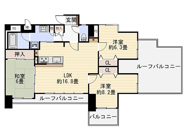 【間取図】最上階「3LDK」角住戸。全居室6帖以上＆3ヵ所のバルコニーが設けられています。各洋室・和室へは玄関からLDKを経由する間取りのため、自然と家族と会話する機会が増えそうです。