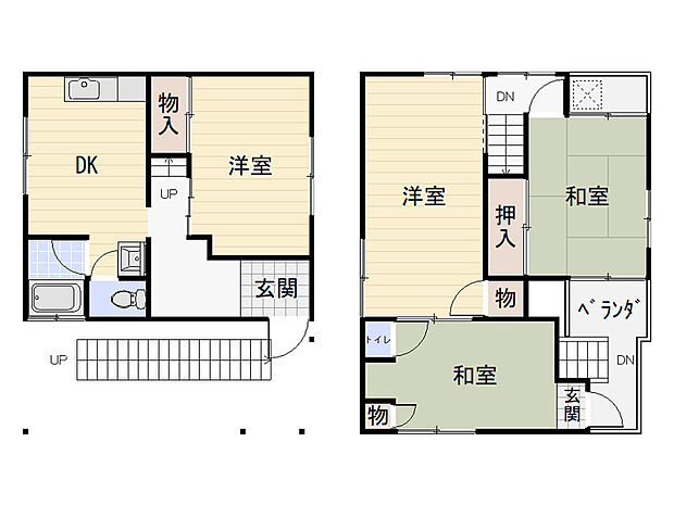 【間取図】即引き渡し可！和室と洋室が2部屋ずつ配された「4DK」です。2階の和室にダイレクトにアクセスできる外階段があります。