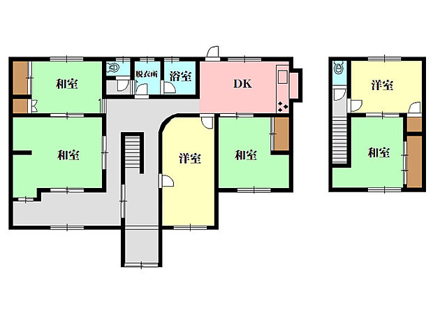 【間取図】洋室2部屋、和室4部屋が備わった6DKの間取り。和室は間仕切りを開放し、隣室と繋げて広々と使用することも可能です。個室数も多く、各々のプライバシーも保ちやすい環境です。