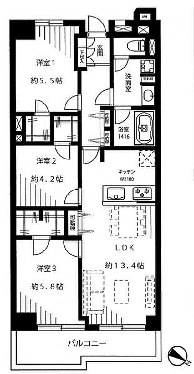 宮前平向ヶ丘スカイマンション(3LDK) 4階の間取り図