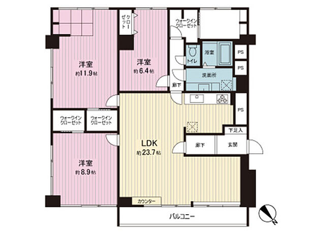 グランドハイツ仙台(3LDK) 4階の間取り図