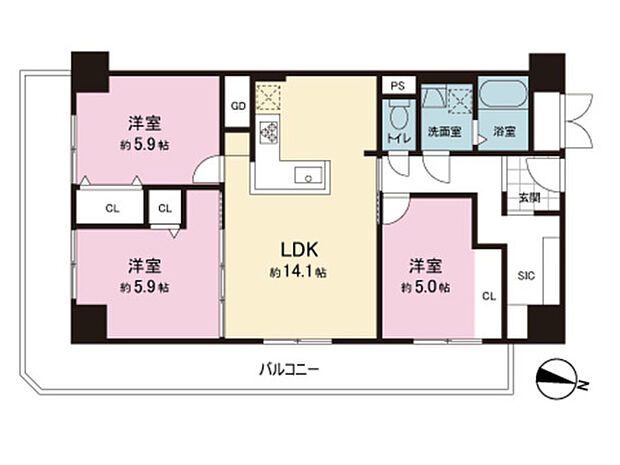 久宝寺グリーンマンション(3LDK) 9階の間取り図