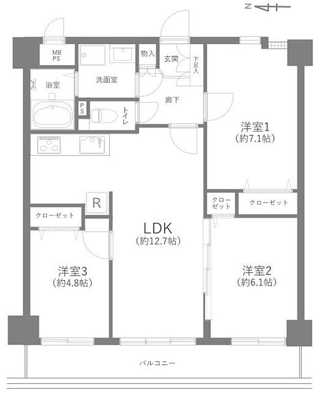 ワコーレ大宮(3LDK) 3階/302号室の間取り図