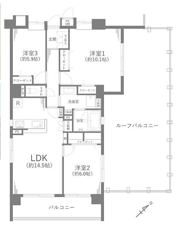 ゼファー武蔵浦和(3LDK) 11階/1102号室の間取り図