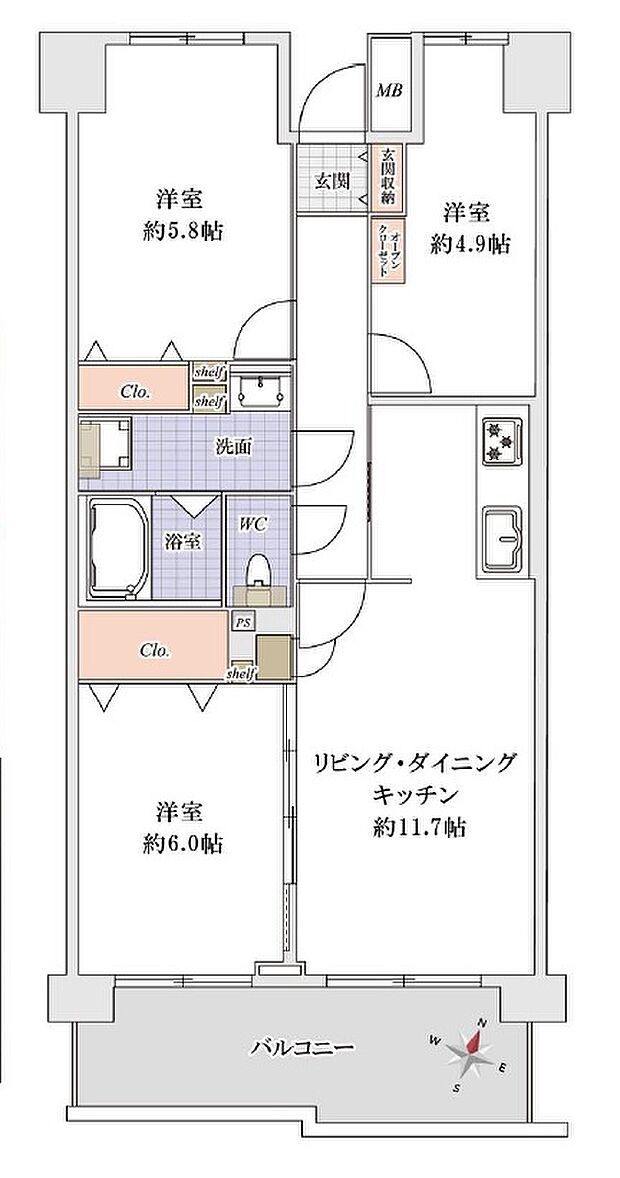 浦和南パーク・ホームズ(3LDK) 3階/303号室の間取り図