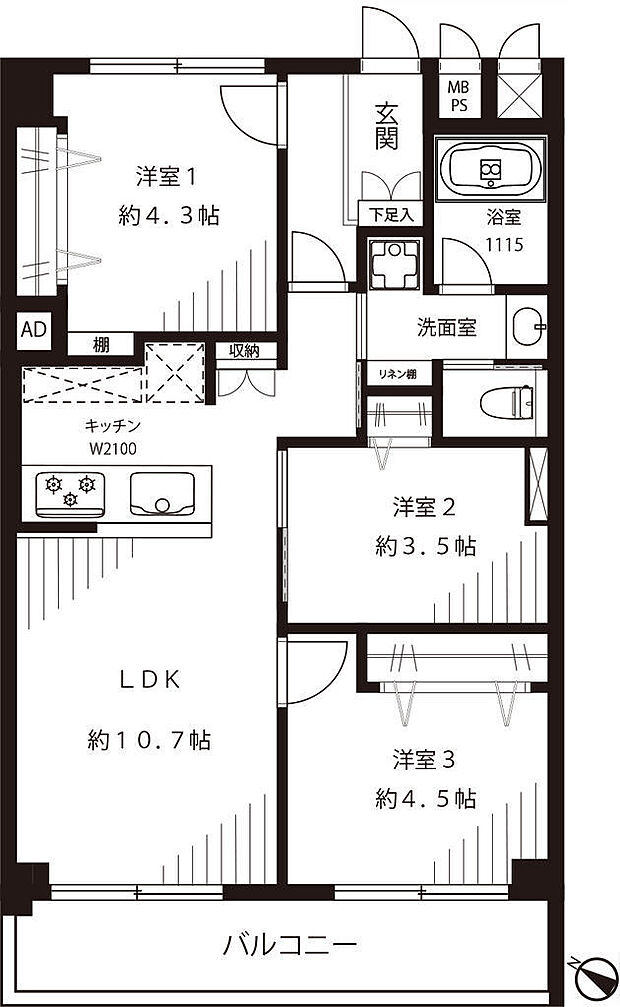 竹の塚ハイリビング(3LDK) 3階/306号室の間取り図