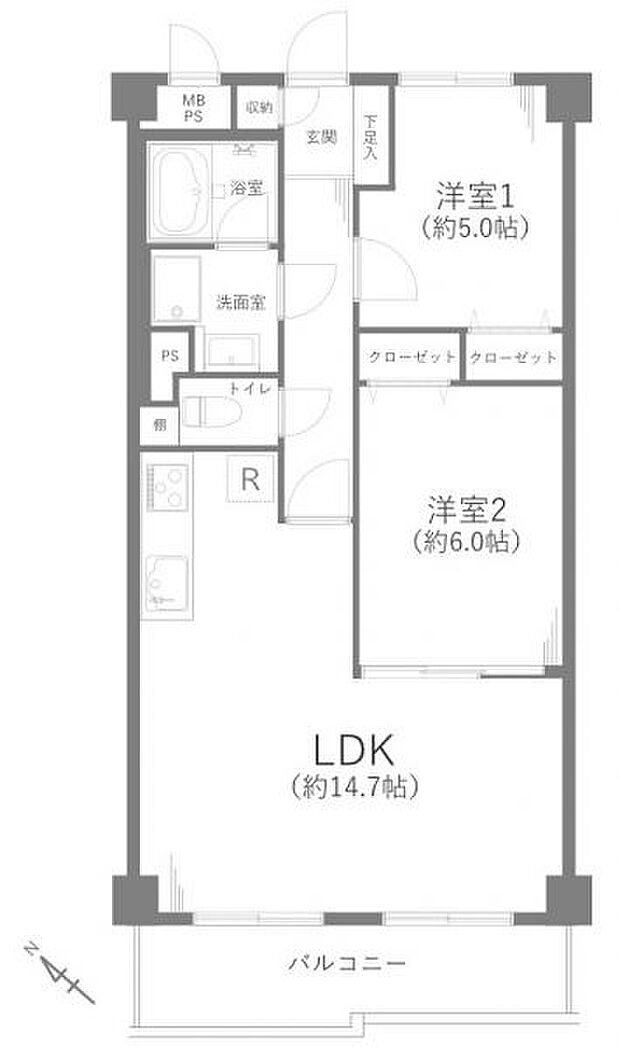 ライオンズマンション船橋馬込沢(2LDK) 2階の間取り図