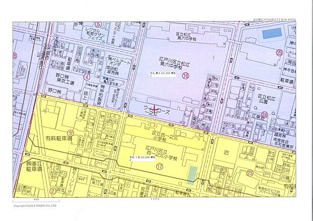 江戸川区、用途地域図（当物件は準工業地域に該当。まずは中古マンションの勉強会の感覚でお臨みを！）