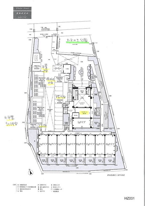 分譲時配置図（敷地面積3386m2、平置14台　機械式21台の駐車場、キッズルーム、北側に公園隣接！