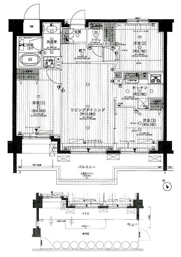 間取（南面3室　8．7mワイドスパン！10．82m2のテラスと23．35m2専用庭！ガーデニング可！