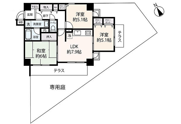 ■1階部分、東南角住戸、3LDK、57.30平米、59.29平米のテラス・専用庭付■陽当たり、通風良好