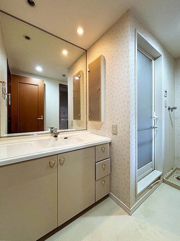 大きな鏡が設置された洗面化粧台。洗面室から廊下とキッチンへアクセスできる家事動線が配慮された2WAY動線。