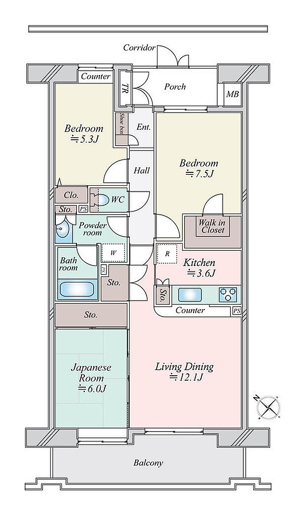 ゆとりの専有面積を超える３ＬＤＫ＋ウォークインクローゼットです。主寝室は７．５帖です。リビングとつながる和室６帖を一体で使えば２１．７帖の空間を演出できます。