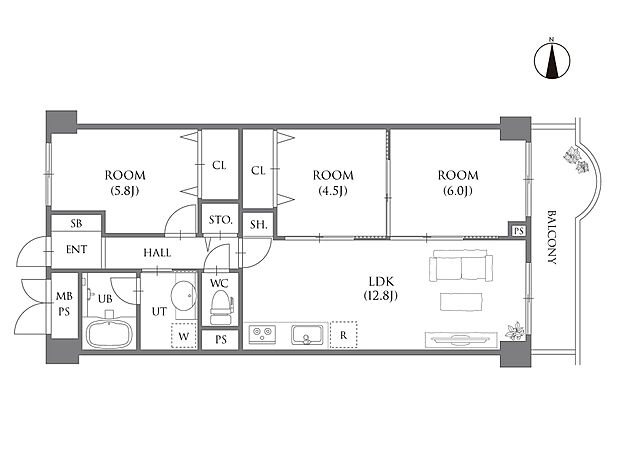 【間取り図】LDKは約12.8帖の広さ。キッチンは壁付けタイプなので、空間を有効活用できます。バルコニーには、LDKと約6帖の洋室の2か所から出入り可能です。