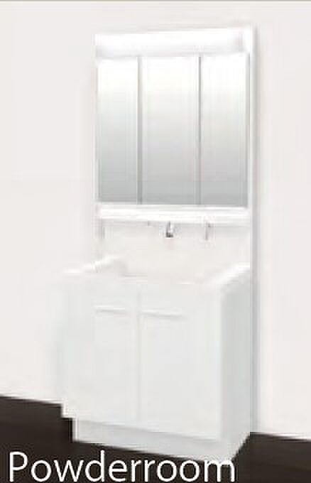 三面鏡仕様の洗面化粧台は、鏡の裏側に収納スペースを備えた収納豊富なプラン♪（完成予想図）