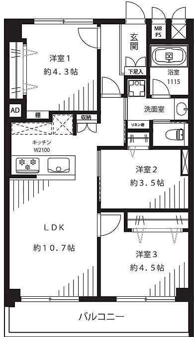 竹の塚ハイリビング(3LDK) 3階の間取り図