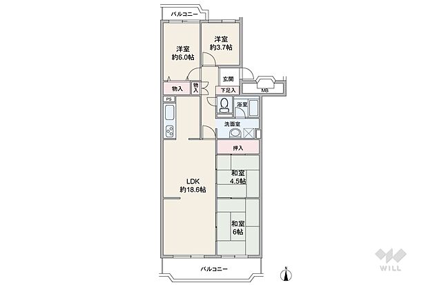 間取りは専有面積80.84平米の4LDK。両面にバルコニーがある、センターインのプラン。縦長のリビングと和室2部屋がそれぞれ続き間になっています。キッチンは生活感が伝わりにくい独立型。