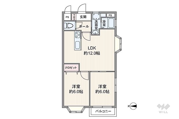 間取りは専有面積50.49平米の2LDK。バルコニーに面した洋室は引き戸を開放してLDKの延長としても使用出来ます。室内廊下が短く、居住空間が広いのもポイント。バルコニー面積は2.37平米です。