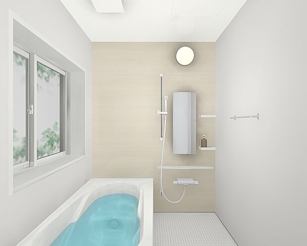 【同仕様写真】浴室はリクシル製の新品のユニットバスに交換します。浴槽には滑り止めの凹凸があり、床は濡れた状態でも滑りにくい加工がされている安心設計です。