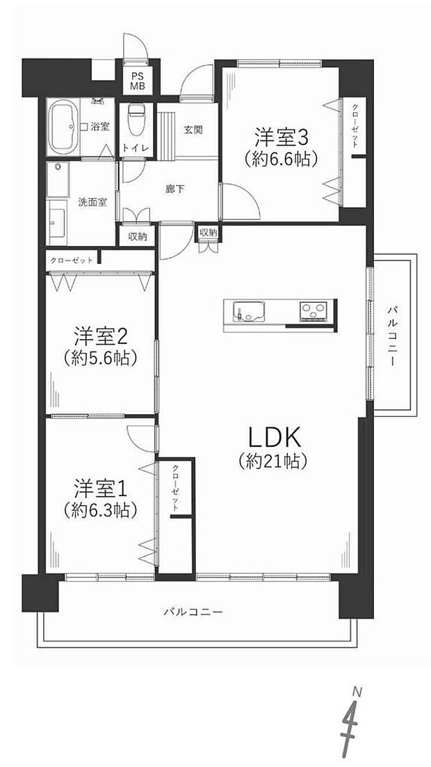 大阪マリンハイツ弐号館(3LDK) 3階/301の間取り図
