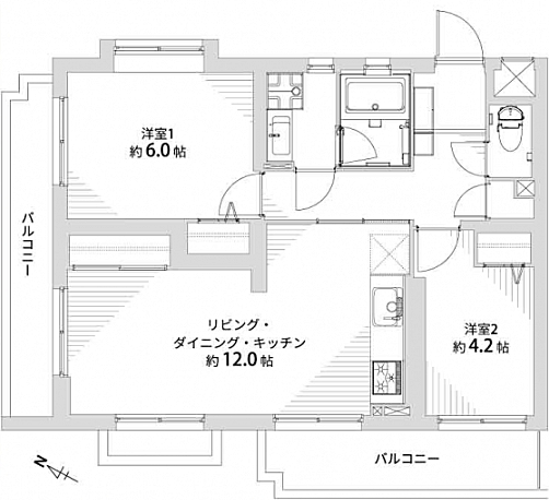 野中北パークマンション(2LDK) 3階/301の間取り図