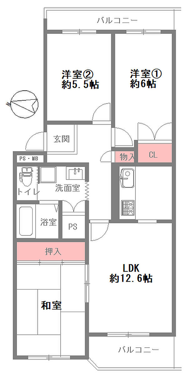 千里山田グリーンハイツ3号棟(3LDK) 2階/208の間取り図