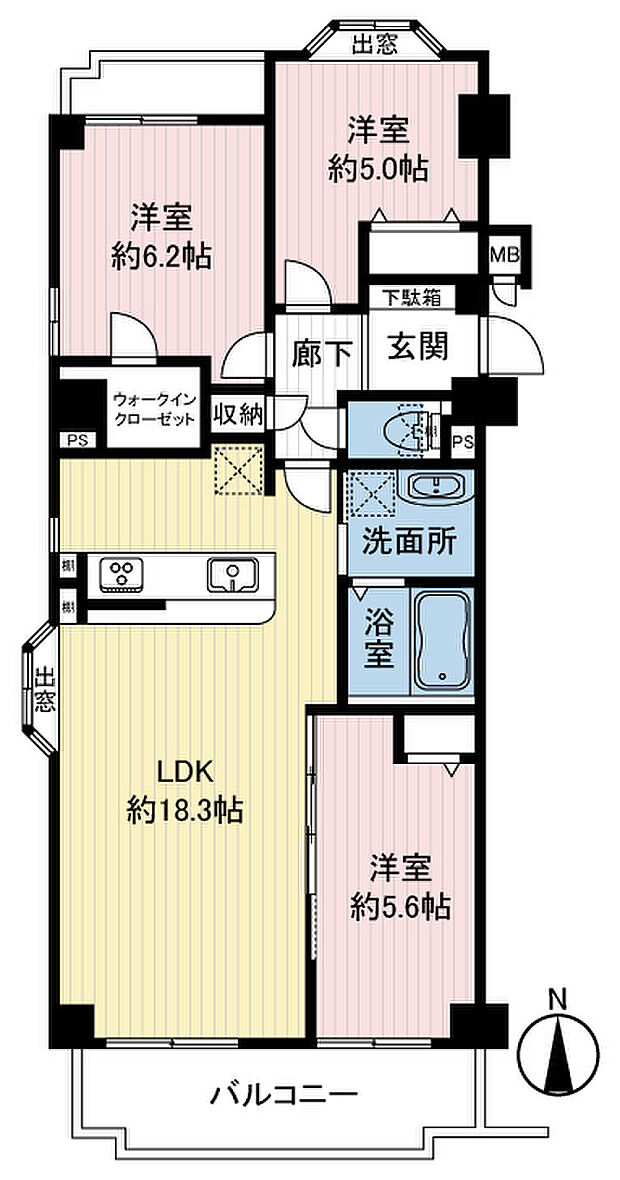住戸のプライバシーも守られやすい角住戸3LDK。専有面積75.86m2になります。
