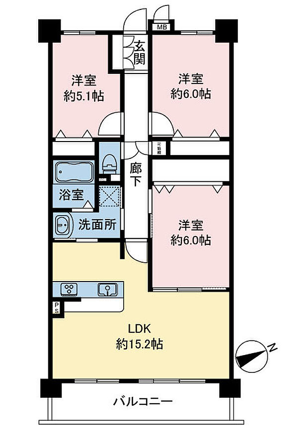 ユーハウス第2上社(3LDK) 1階の間取り図