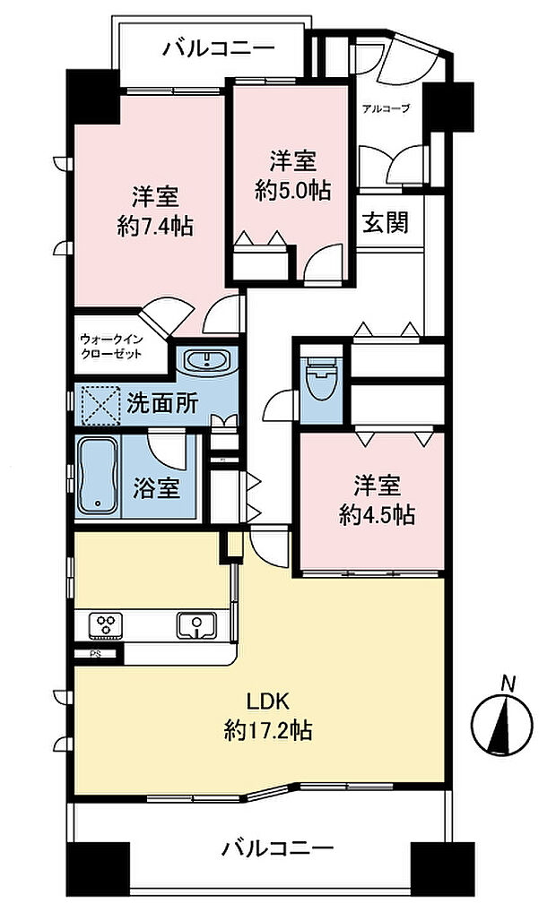 LDKは約17.2帖以上と広々、全室収納付、陽当たり・眺望良好な最上階角住戸の3LDKです。