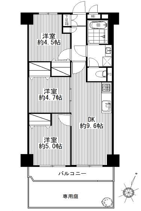 フルリノベ済　京王向ヶ丘マンション(3LDK) 1階の間取り図