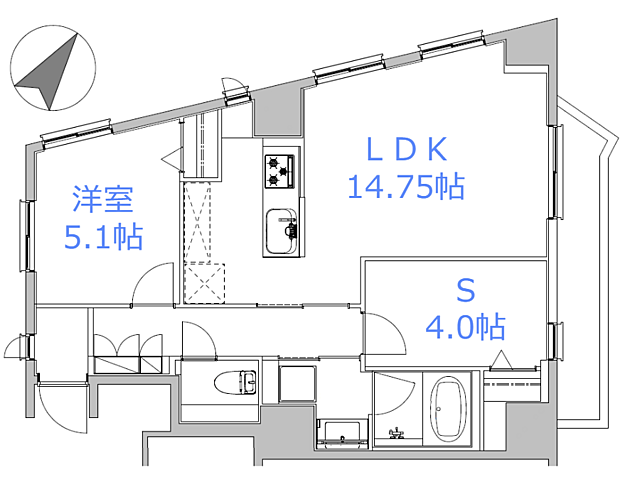 2LDK、専有面積m2、北西角部屋