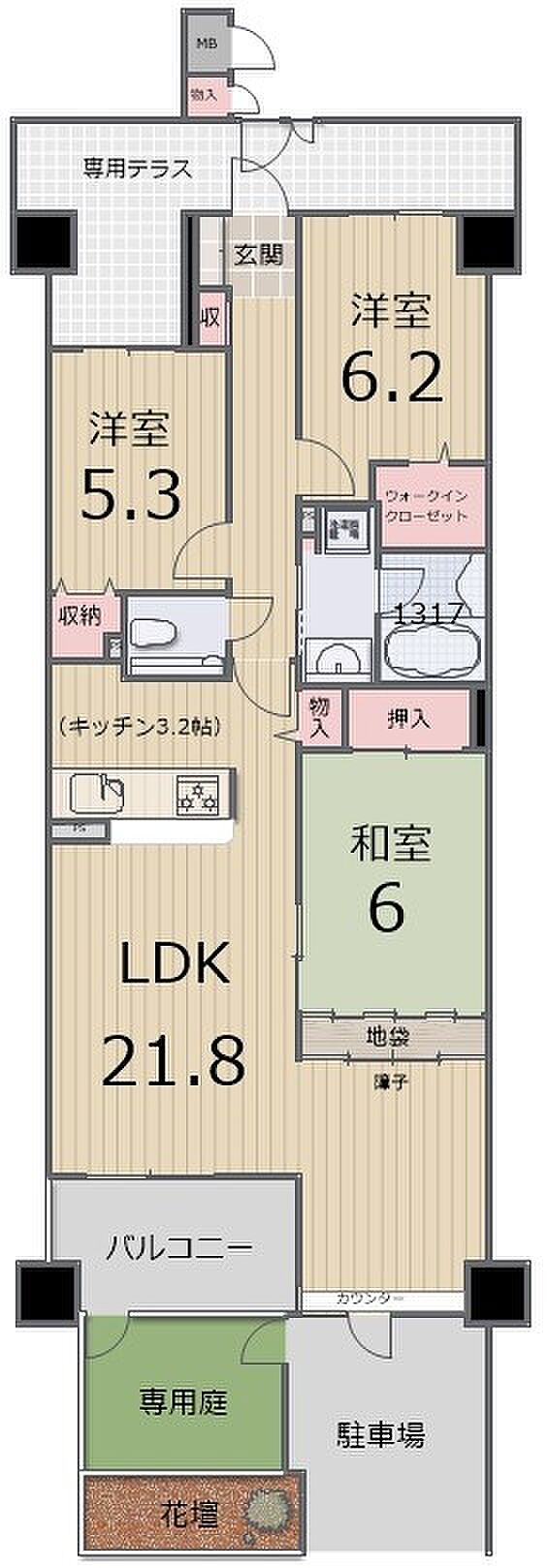 専有面積85.30平米。21.8帖の広々LDK