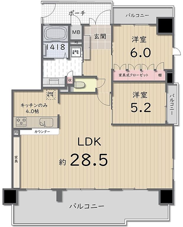 新築時、4LDKの間取りを2LDKに設計変更しています。三面バルコニー、東南角部屋。