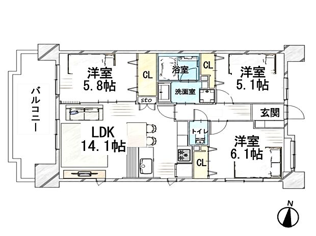 グリーンミユキ川口江戸(3LDK) 3階の間取り図