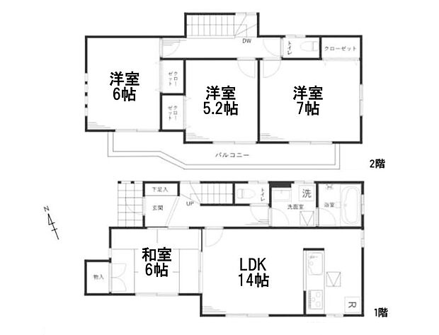 LDK14帖+和室6帖・対面キッチン／2F:主寝室11.5帖・南向きバルコニー