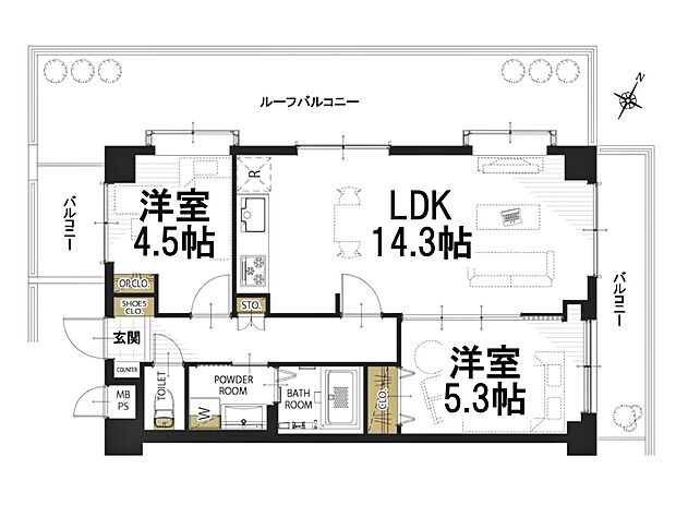ライオンズマンション西浦和(2LDK) 4階の間取り図