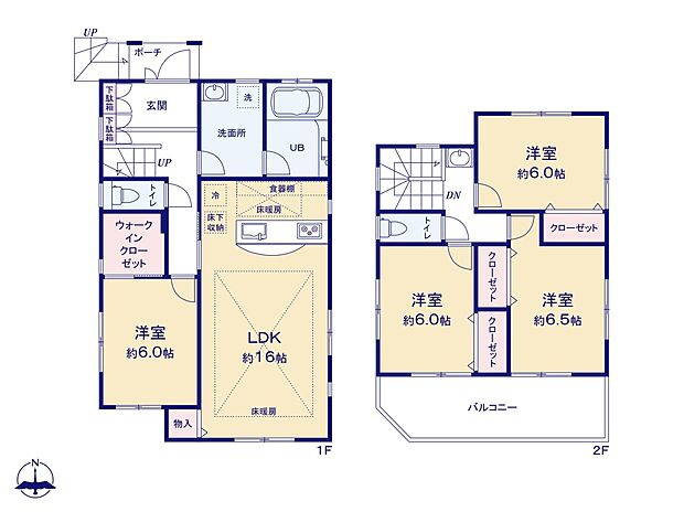 浴室・洗面室が共に1.5坪。実際に見学すると衝撃を覚えるほどの広さです。4つの居室はすべて6帖以上。うち3部屋、及びLDKが南向きで、陽当り良好な明るいお家です！