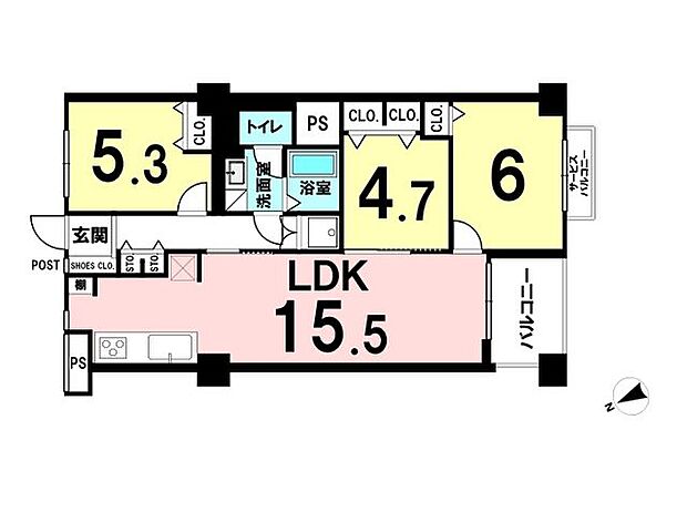 開公緑町マンション(3LDK) 6階の間取り図