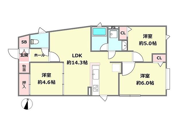 パレ北武庫之荘4　1号棟(3LDK) 5階の間取り図