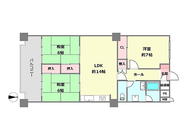 塚口さんさんタウン2番館(3LDK) 14階の間取り図