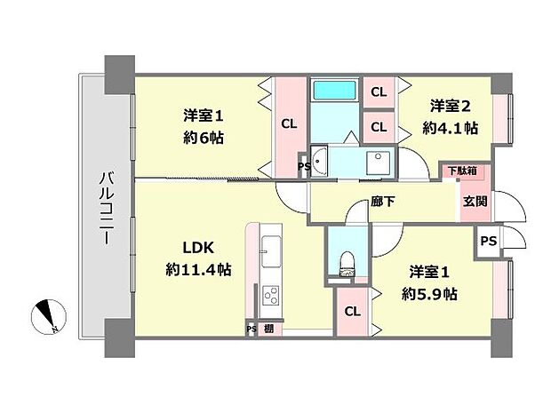ユニライフ阪神杭瀬(3LDK) 2階の間取り図