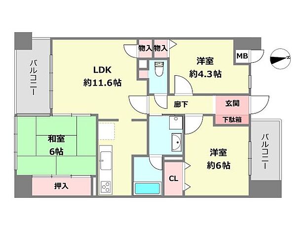 ビューネ尼崎(3LDK) 9階の間取り図
