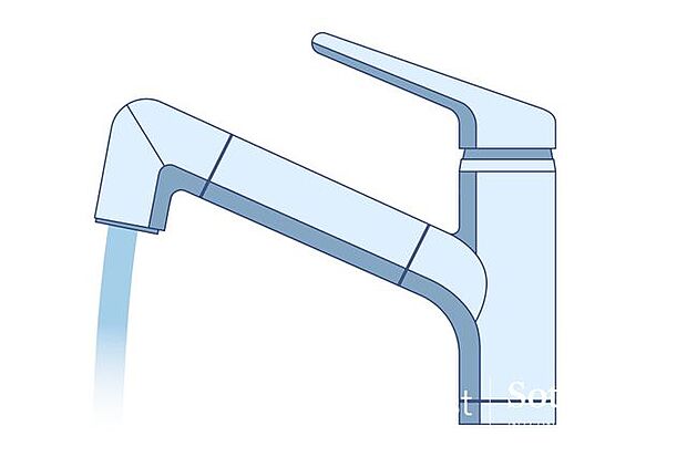 浄水と水道水を切り替えて使用できるスッキリとしたデザインの浄水器一体型水栓。ヘッドを引き出して使えるのでお料理はもちろんシンクの掃除が容。